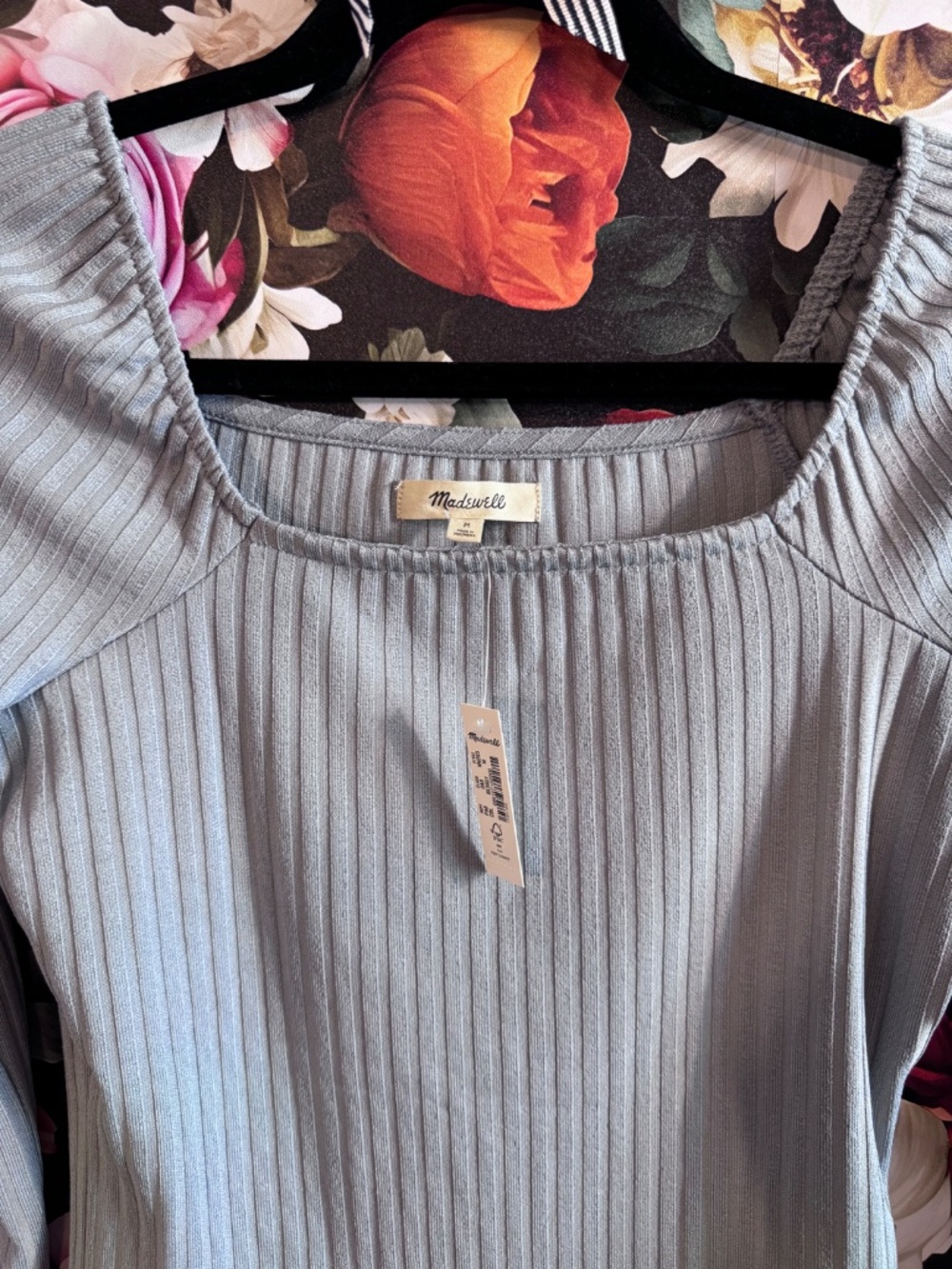 NWT, Madewell Ribbed Fitted Slate Blue Long-Sleeved Top, Off-The-Shoulder, M - Picture 6 of 12